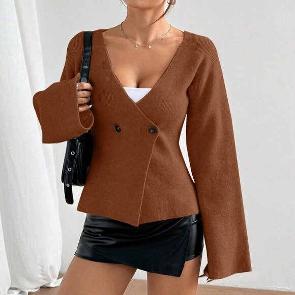 Brown Casual Women's Button Front Long Sleeve knit cardigan - Picture 4 of 7